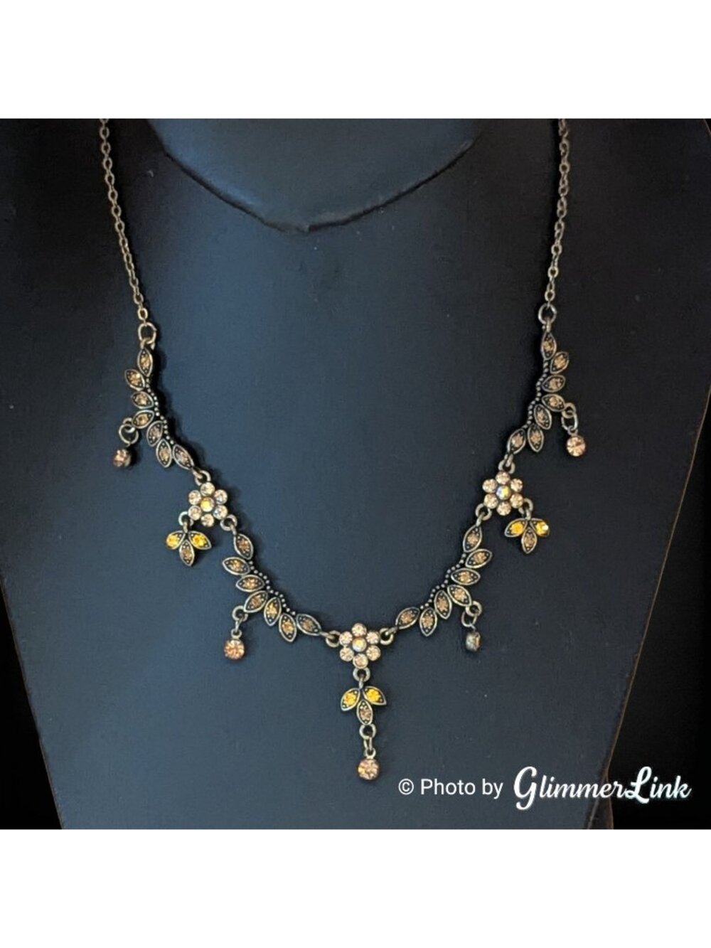 Antiqued Brass Tone Floral Rhinestone Necklace Brown Golden Dangles